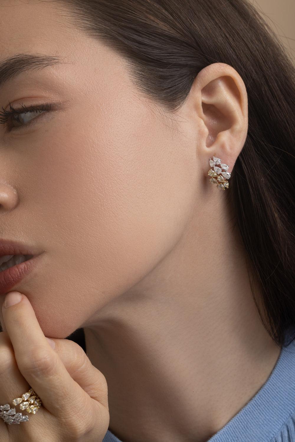 Diamond Mixed Metal Huggie Earrings-YELLOW GOLD-JEWELRYFINE JEWELEARRING-ARZANO