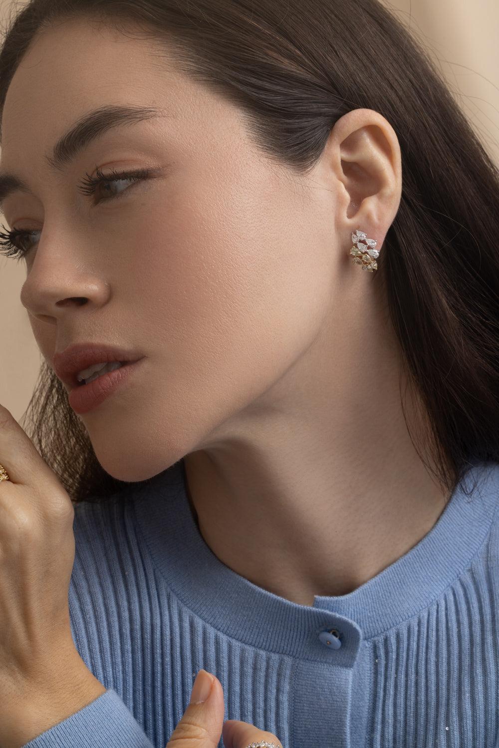 Diamond Mixed Metal Huggie Earrings-YELLOW GOLD-JEWELRYFINE JEWELEARRING-ARZANO