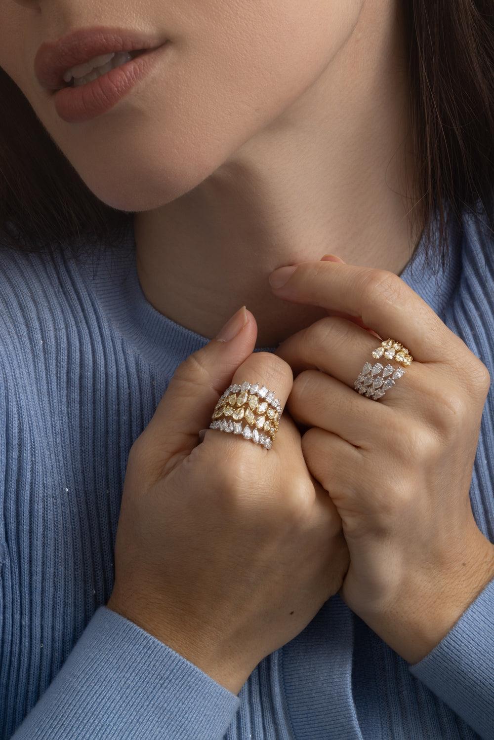 Diamond Four Row Teardrop Ring-YELLOW GOLD-7-JEWELRYFINE JEWELRING-ARZANO