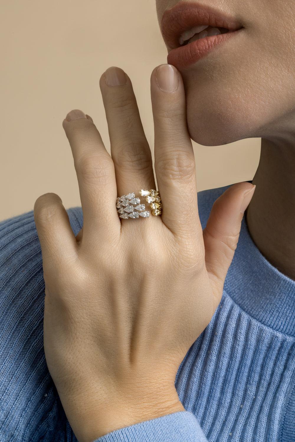 Diamond Four Row Teardrop Ring-YELLOW GOLD-7-JEWELRYFINE JEWELRING-ARZANO