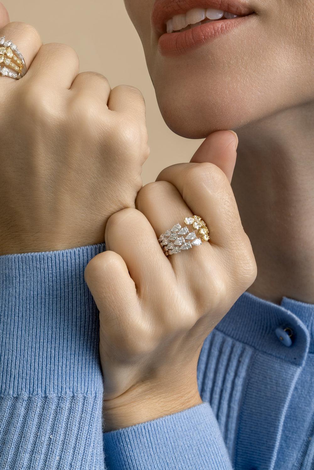 Diamond Four Row Teardrop Ring-YELLOW GOLD-7-JEWELRYFINE JEWELRING-ARZANO