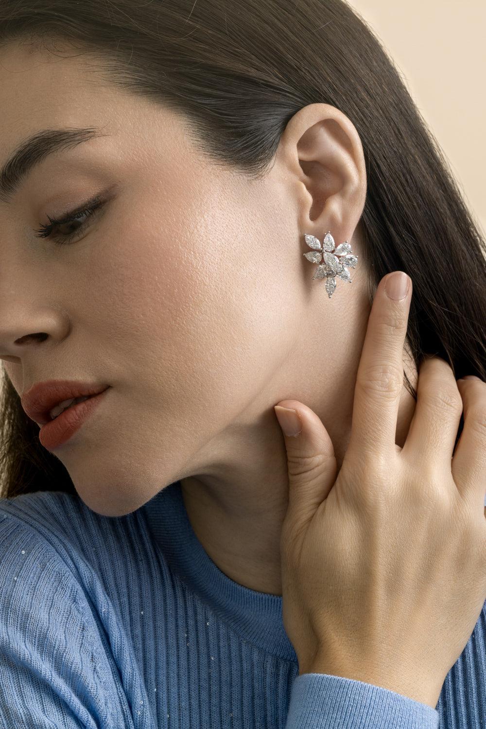 Pear Diamond Cluster Earrings-WHITE GOLD-JEWELRYFINE JEWELEARRING-ARZANO