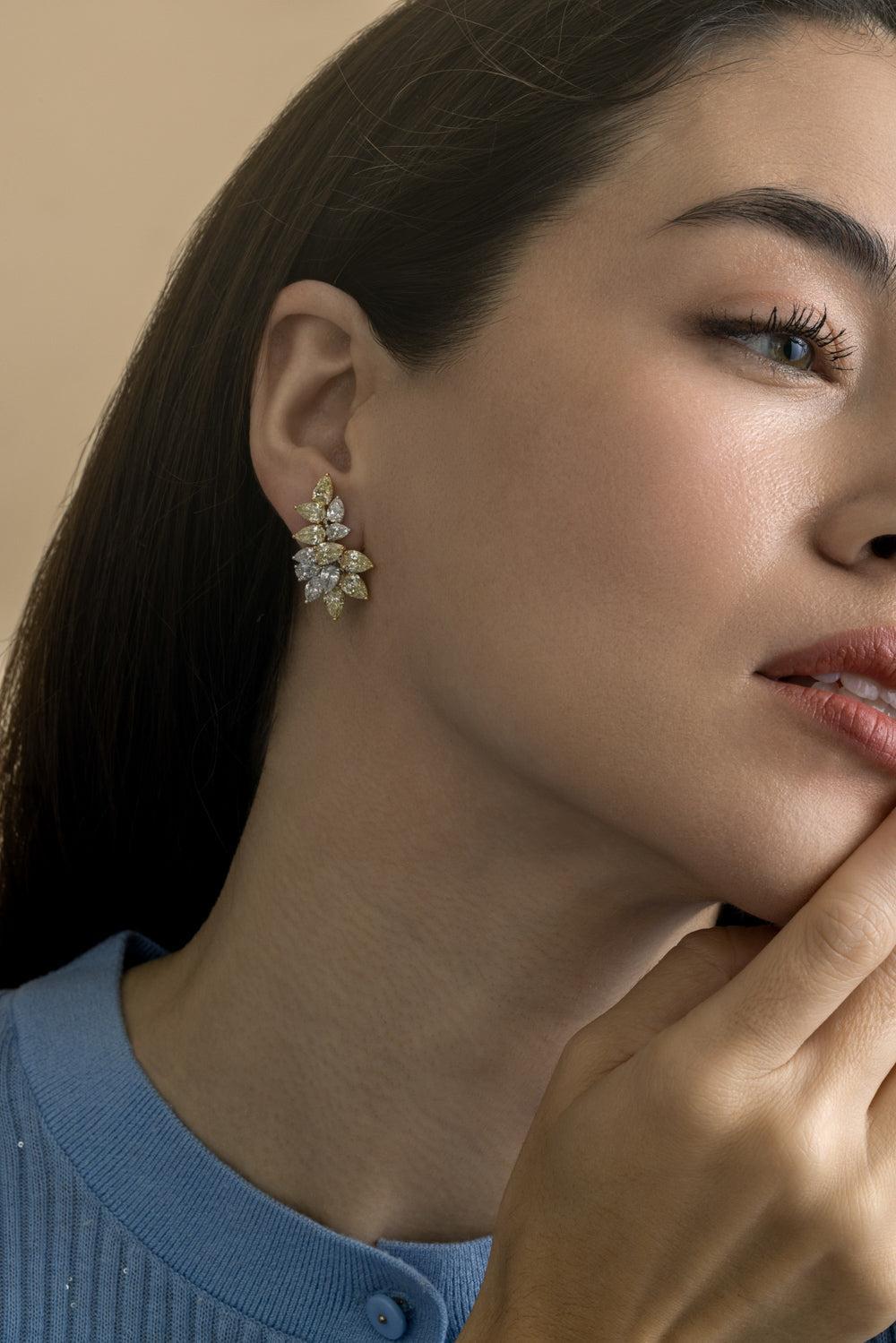 Yellow White Pear Diamond Ear Crawlers-WHITE GOLD-JEWELRYFINE JEWELEARRING-ARZANO