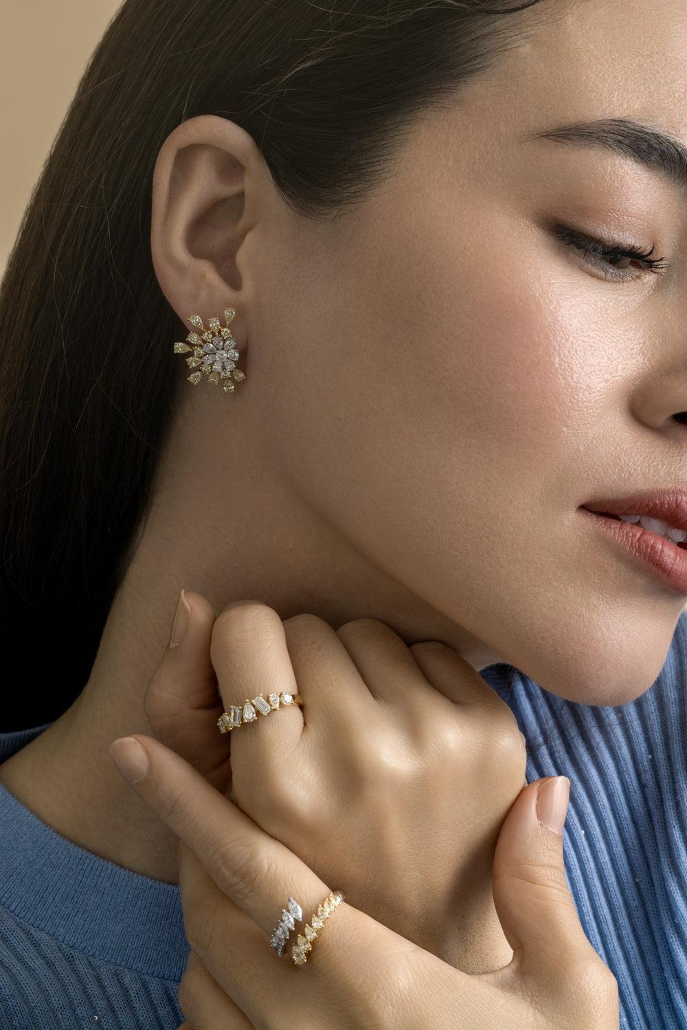 Diamond Flower Earrings-YELLOW GOLD-JEWELRYFINE JEWELEARRING-ARZANO