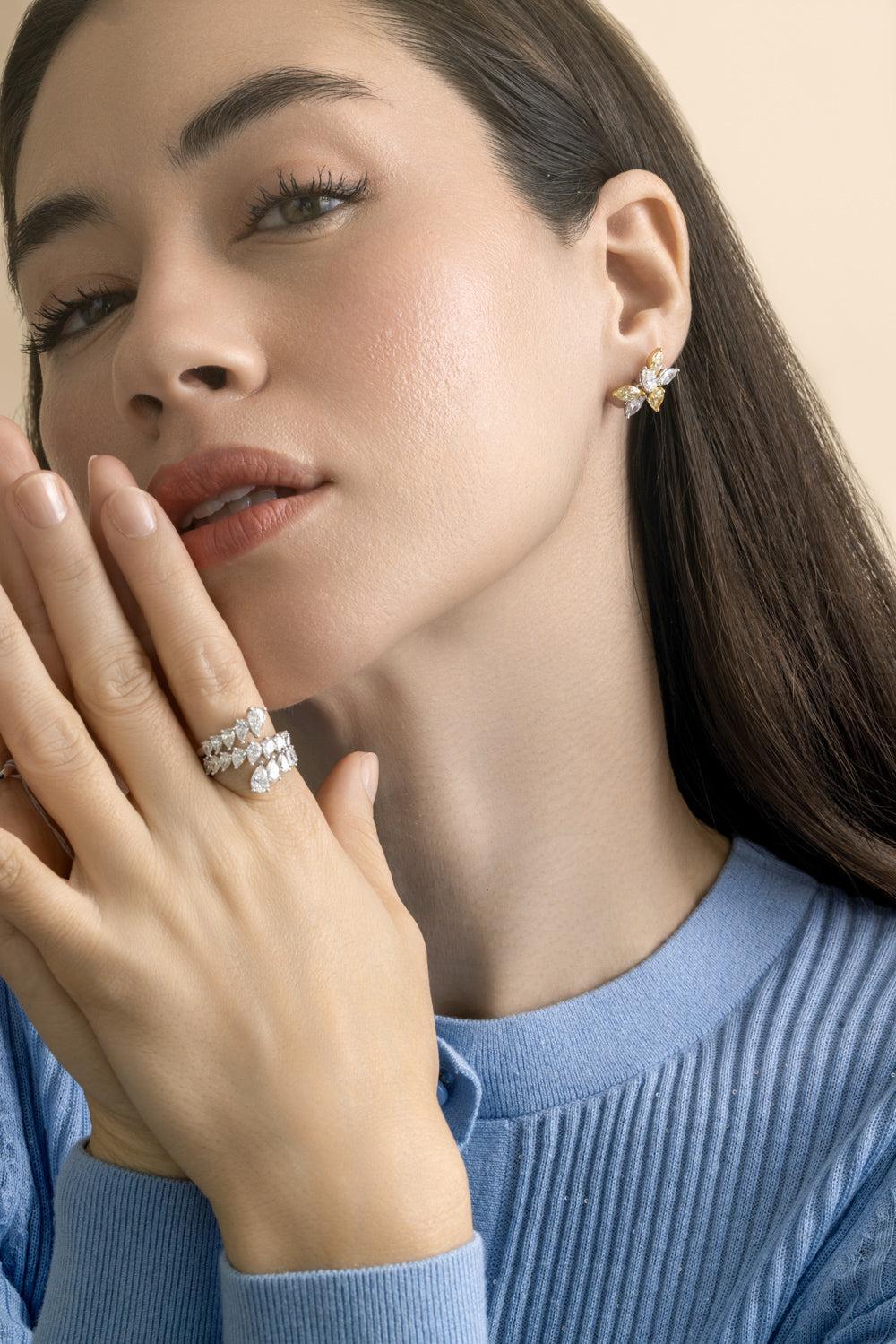 Diamond Six Petal Flower Earrings-WHITE GOLD-JEWELRYFINE JEWELEARRING-ARZANO