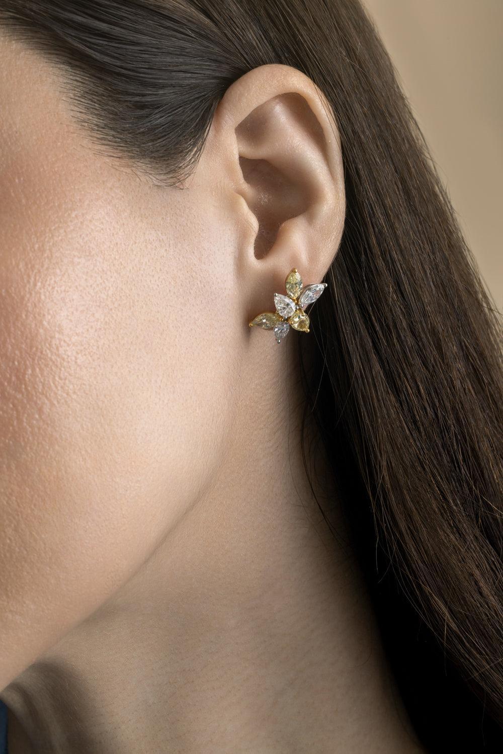 Diamond Six Petal Flower Earrings-WHITE GOLD-JEWELRYFINE JEWELEARRING-ARZANO