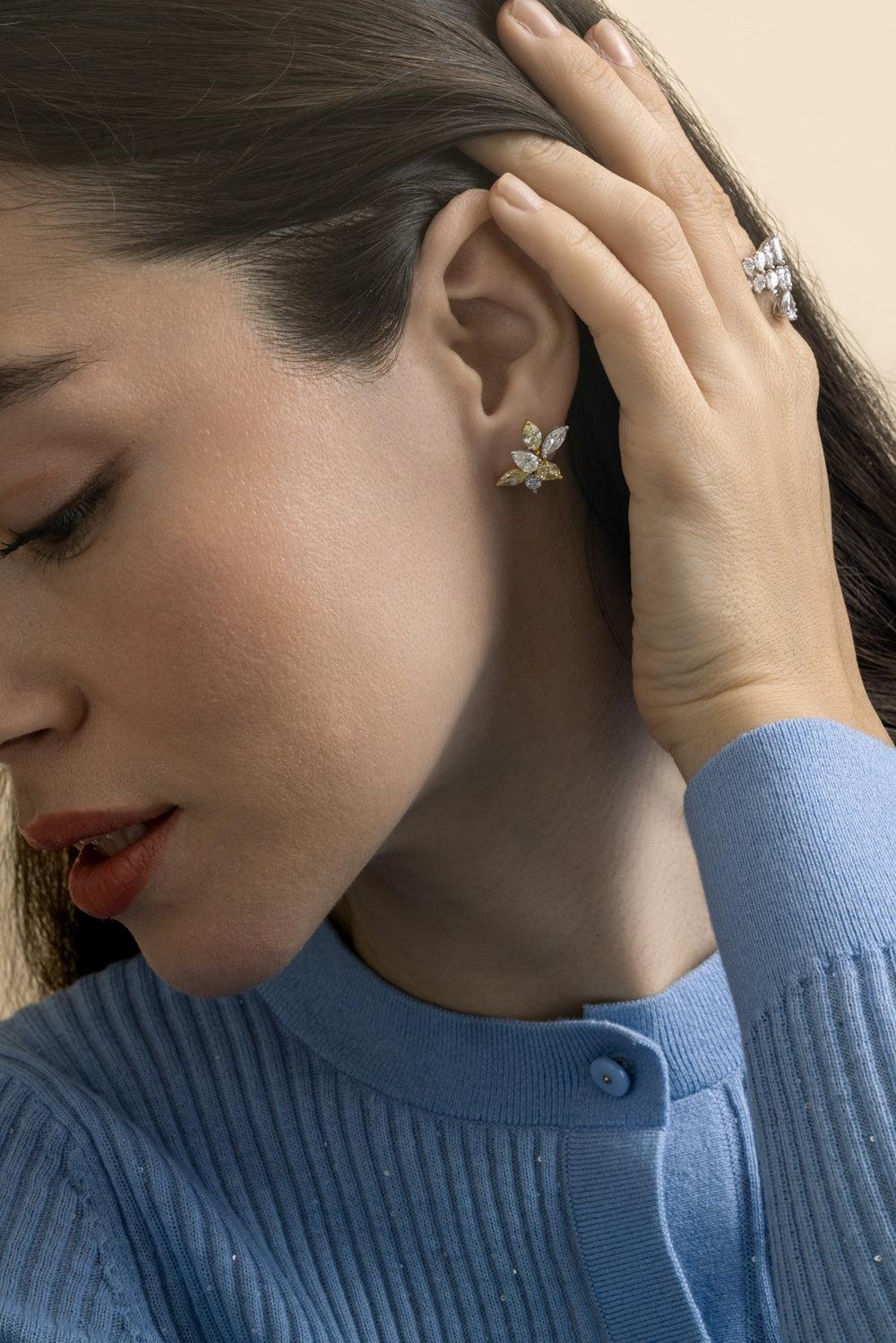 Diamond Six Petal Flower Earrings-WHITE GOLD-JEWELRYFINE JEWELEARRING-ARZANO