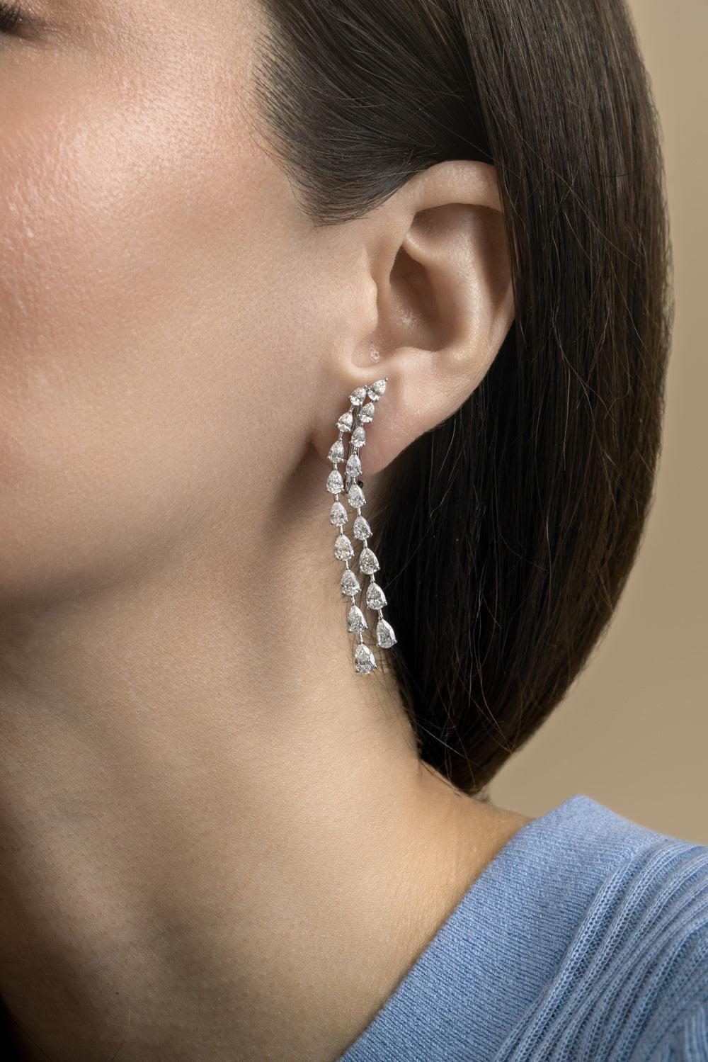 Diamond Two Row Log Teardrop Earrings-WHITE GOLD-JEWELRYFINE JEWELEARRING-ARZANO