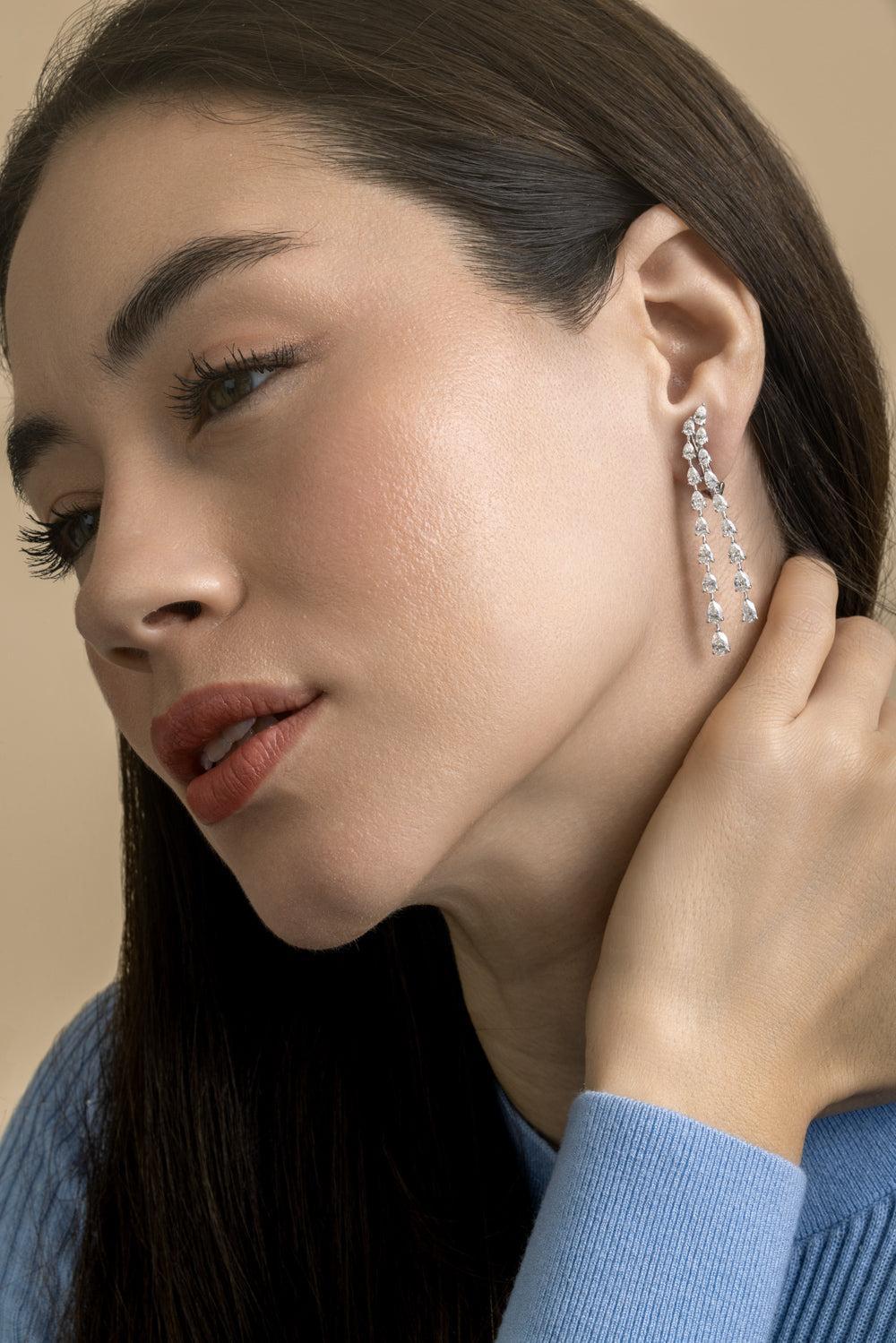 Diamond Two Row Log Teardrop Earrings-WHITE GOLD-JEWELRYFINE JEWELEARRING-ARZANO