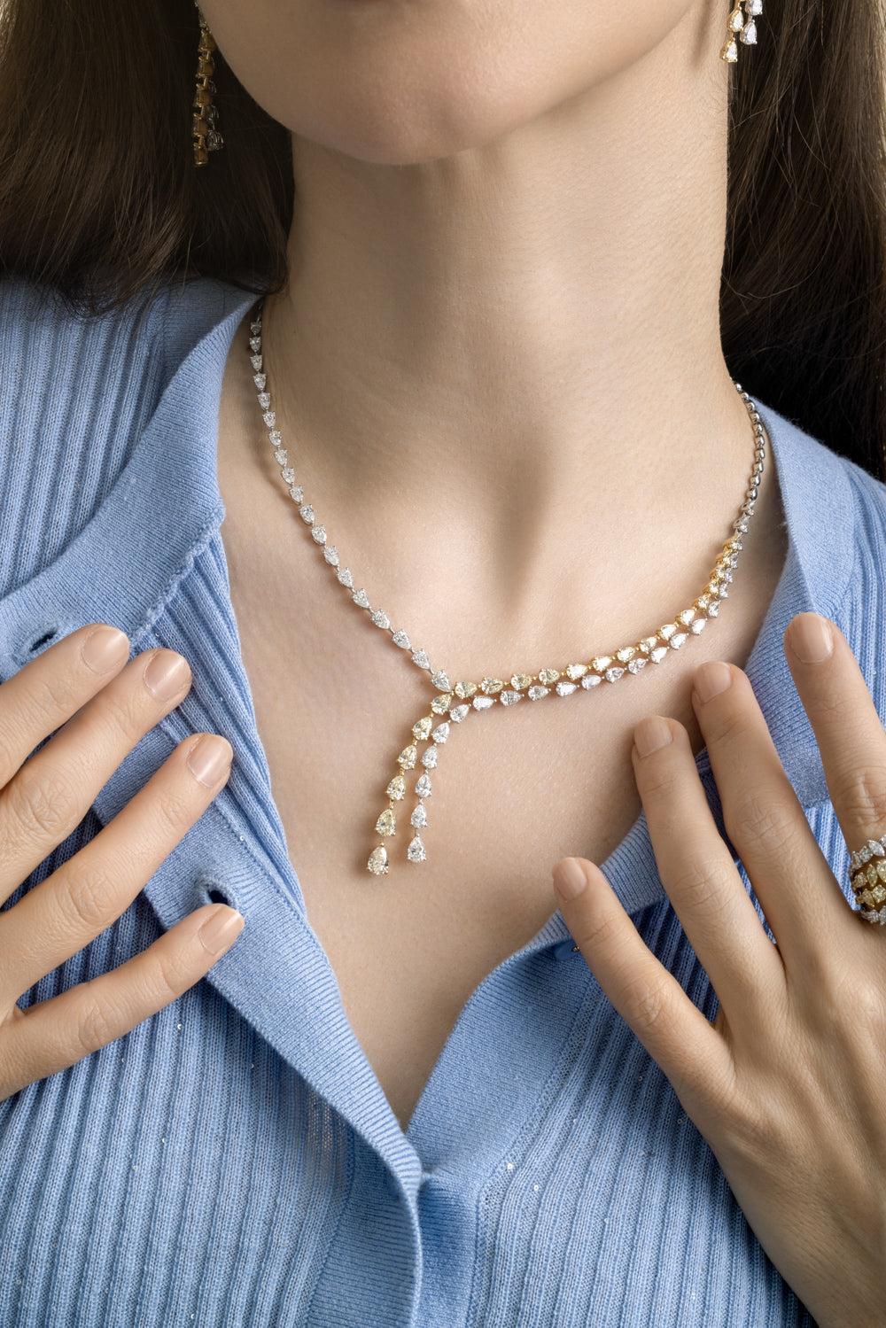 Diamond Two Tone Raindrop Necklace-WHITE GOLD-JEWELRYFINE JEWELNECKLACE O-ARZANO