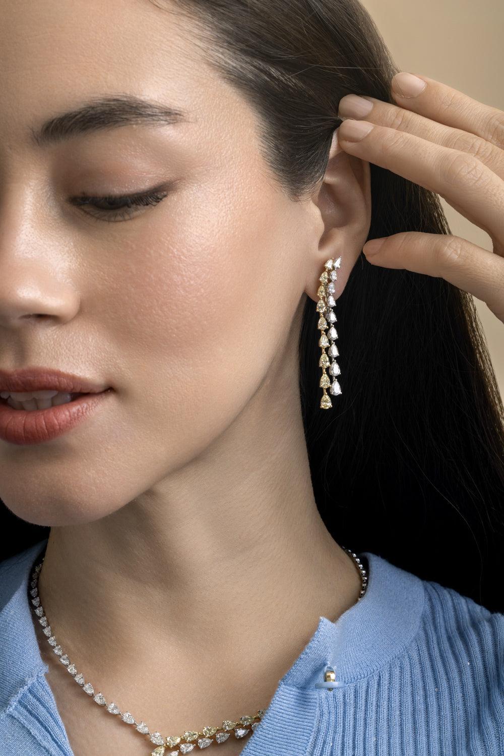 Diamond Two Row Long Teardrop Earrings-YELLOW GOLD-JEWELRYFINE JEWELEARRING-ARZANO