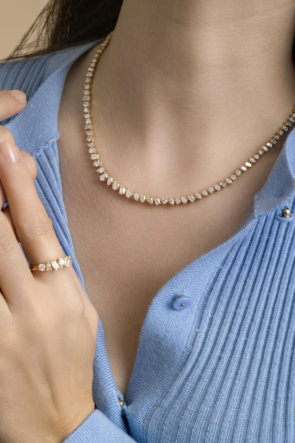 Mix Cut Diamond Tennis Necklace-YELLOW GOLD-JEWELRYFINE JEWELNECKLACE O-ARZANO