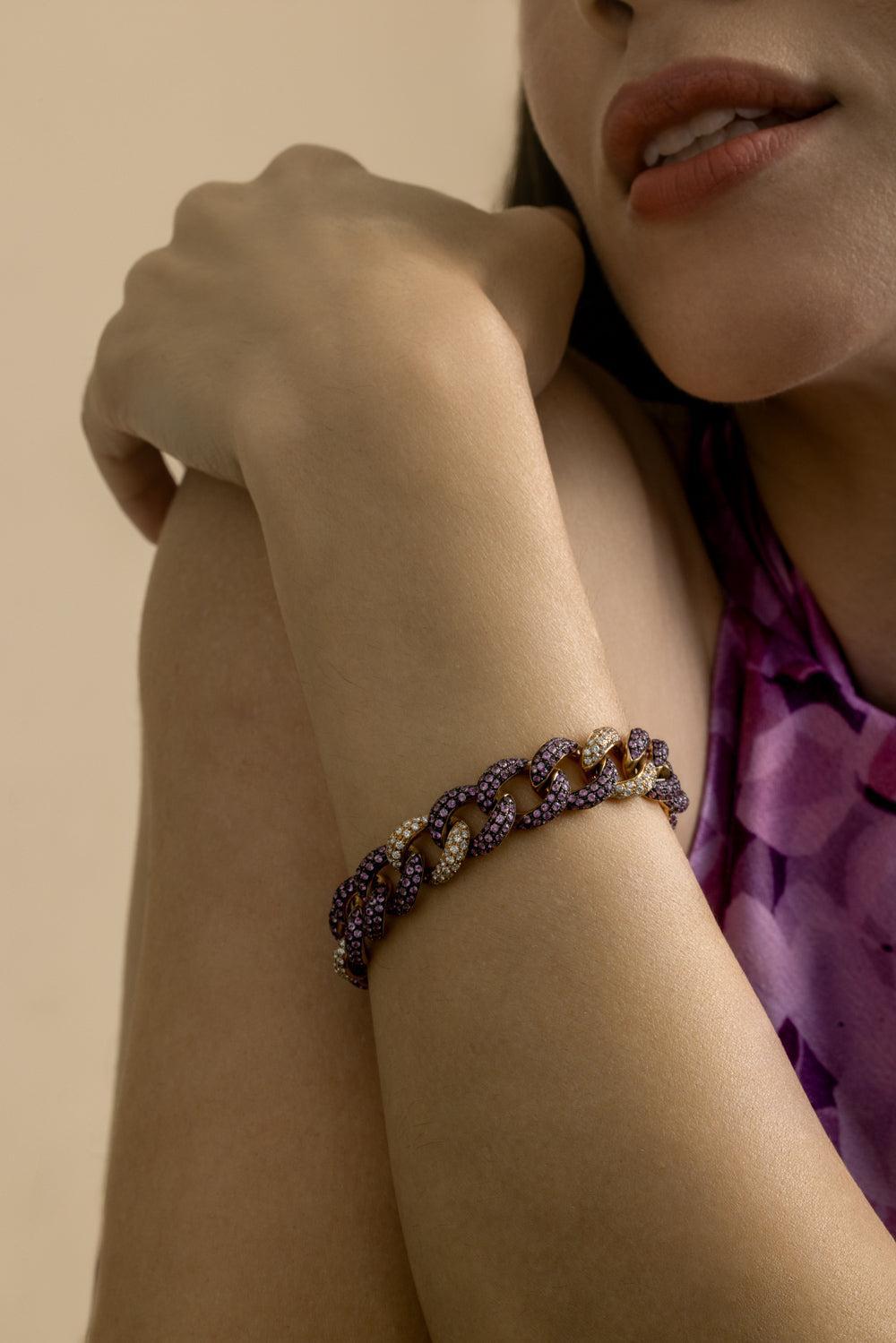 Pink Sapphire Diamond Curb Chain Bracelet-ROSE GOLD-7-JEWELRYFINE JEWELBRACELET O-STEFERE