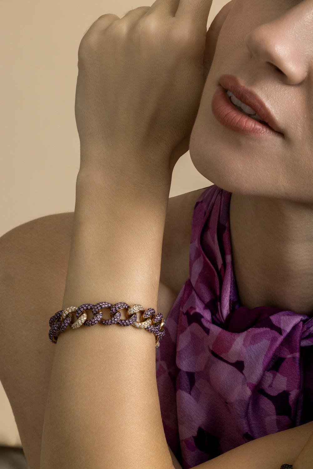 Pink Sapphire Diamond Curb Chain Bracelet-ROSE GOLD-7-JEWELRYFINE JEWELBRACELET O-STEFERE