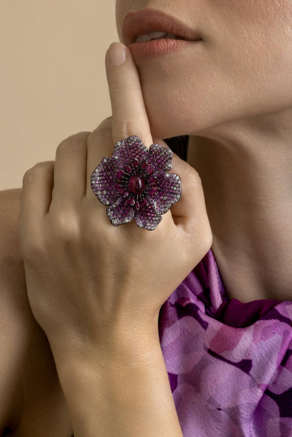 Pink Sapphire Tourmaline Ruby Flower Ring-WHITE GOLD-7.5-JEWELRYFINE JEWELEARRING-STEFERE