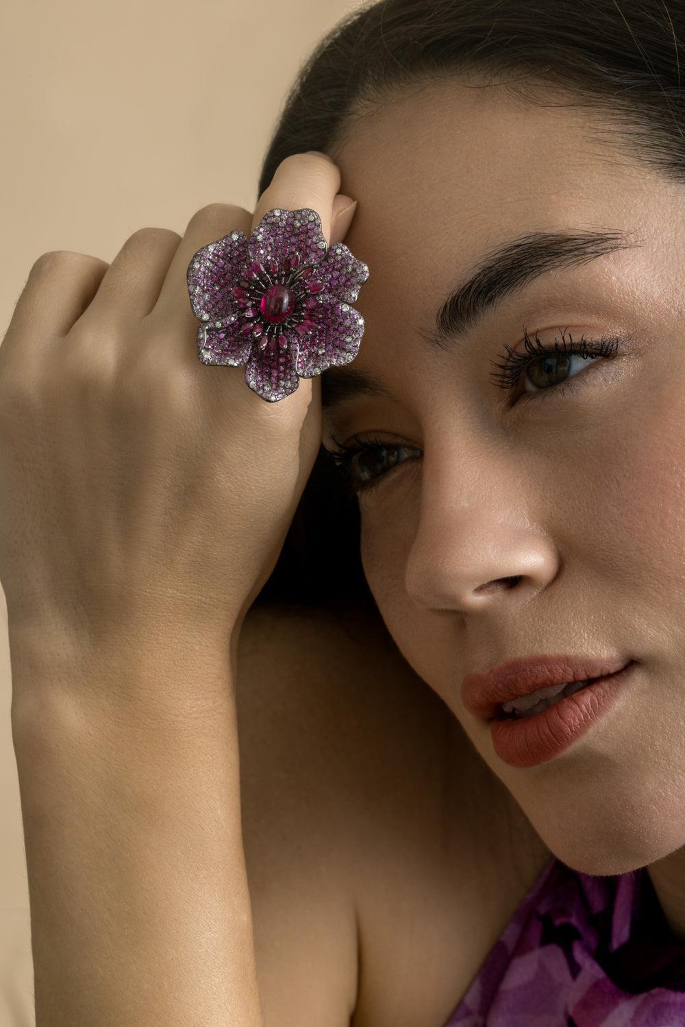 Pink Sapphire Tourmaline Ruby Flower Ring-WHITE GOLD-7.5-JEWELRYFINE JEWELEARRING-STEFERE