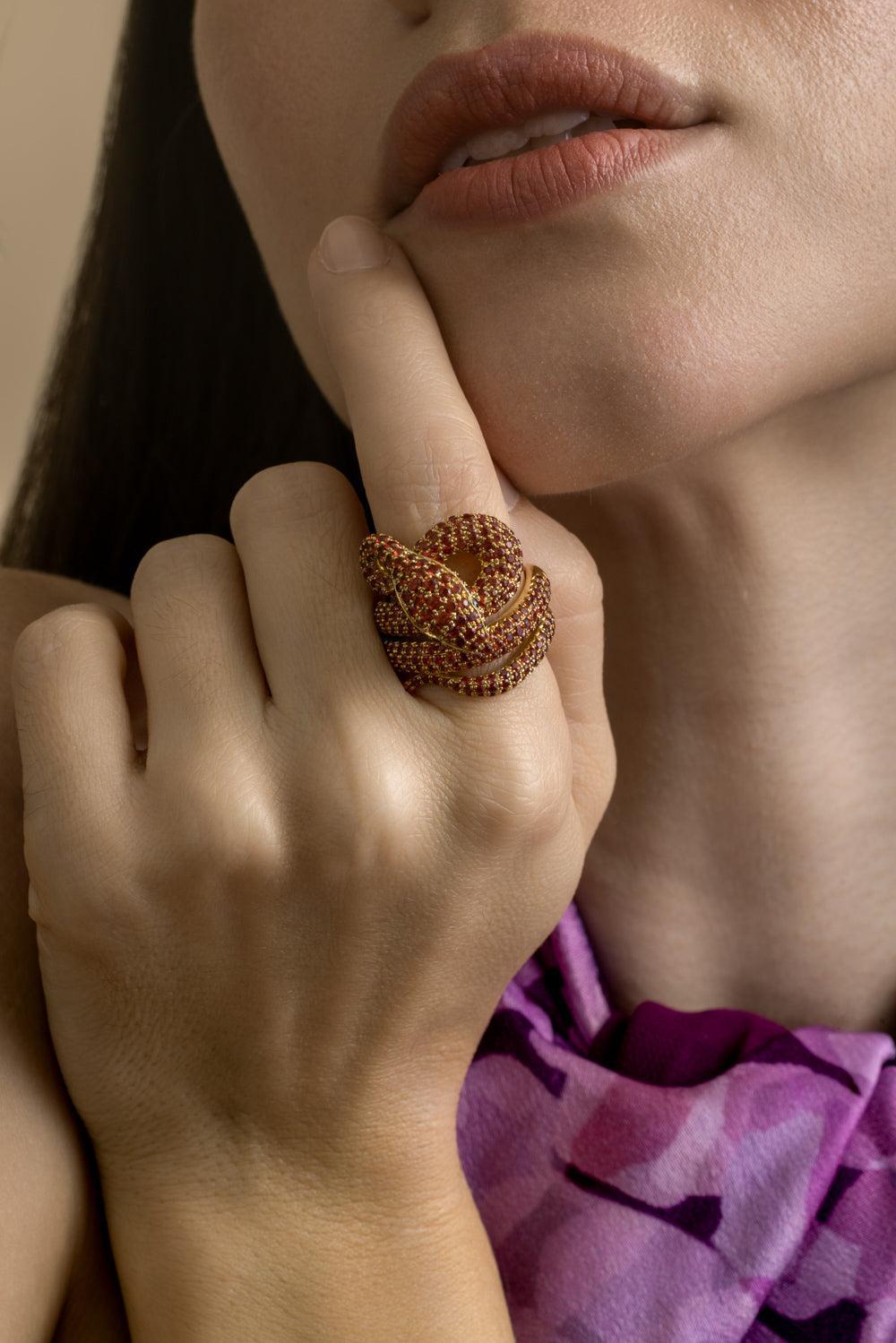 Organge Sapphire Black Diamond Ring-YELLOW GOLD-7-JEWELRYFINE JEWELRING-STEFERE