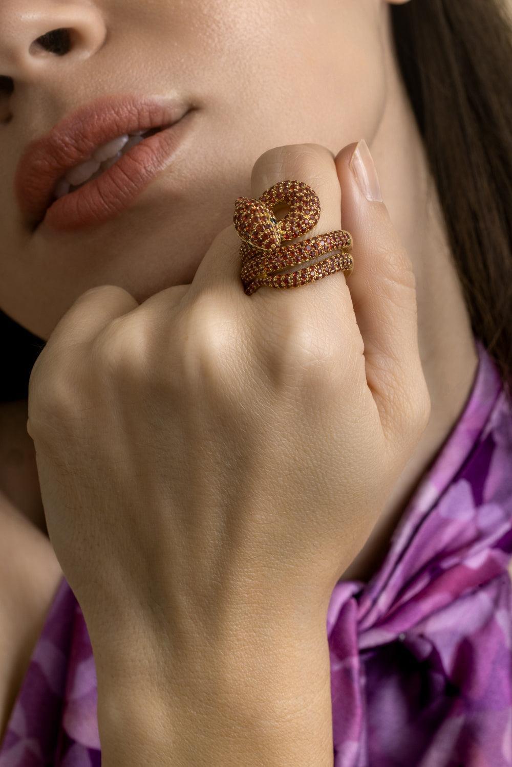 Organge Sapphire Black Diamond Ring-YELLOW GOLD-7-JEWELRYFINE JEWELRING-STEFERE