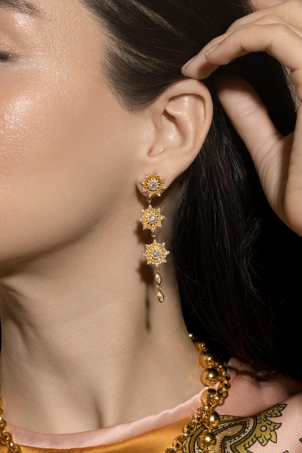 Diamond Triple Sun Drop Earrings-YELLOW GOLD-JEWELRYFINE JEWELEARRING-BUDDHA MAMA