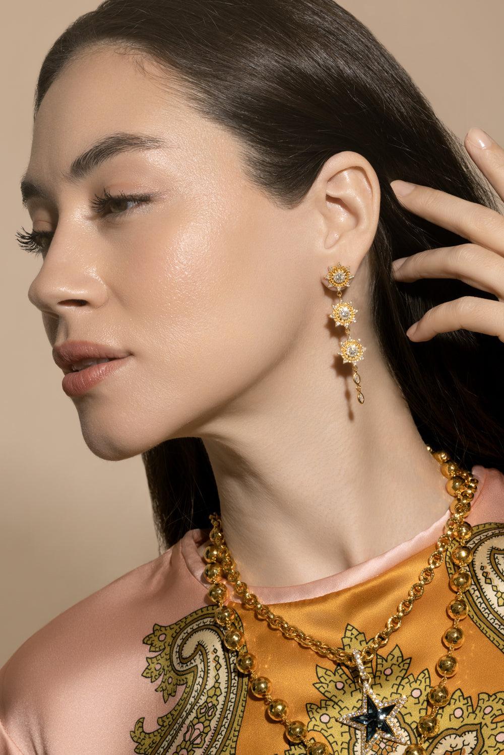 Diamond Triple Sun Drop Earrings-YELLOW GOLD-JEWELRYFINE JEWELEARRING-BUDDHA MAMA