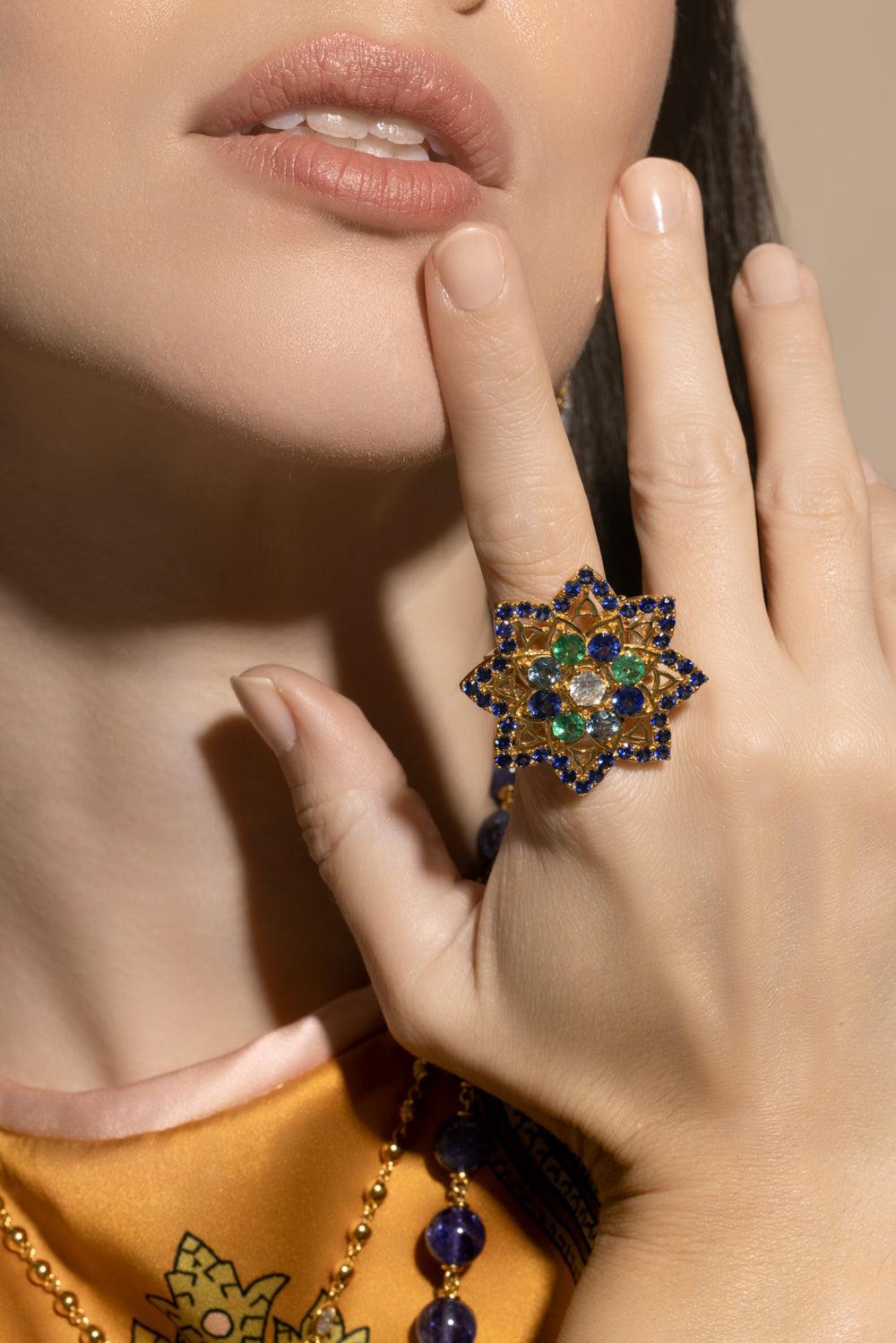 Blue Sapphire Mandala Stare Ring-YELLOW GOLD-7.5-JEWELRYFINE JEWELRING-BUDDHA MAMA