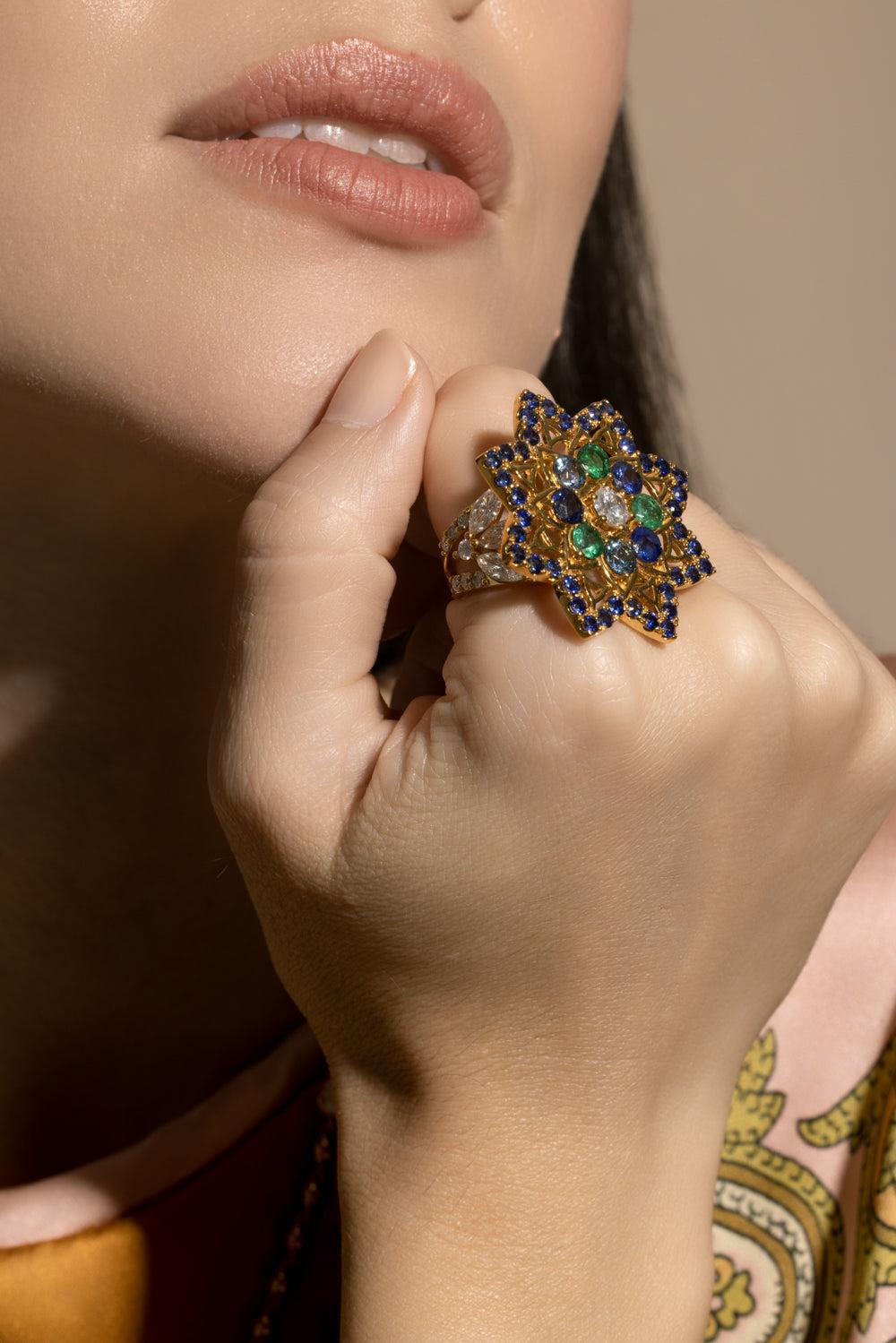 Blue Sapphire Mandala Stare Ring-YELLOW GOLD-7.5-JEWELRYFINE JEWELRING-BUDDHA MAMA
