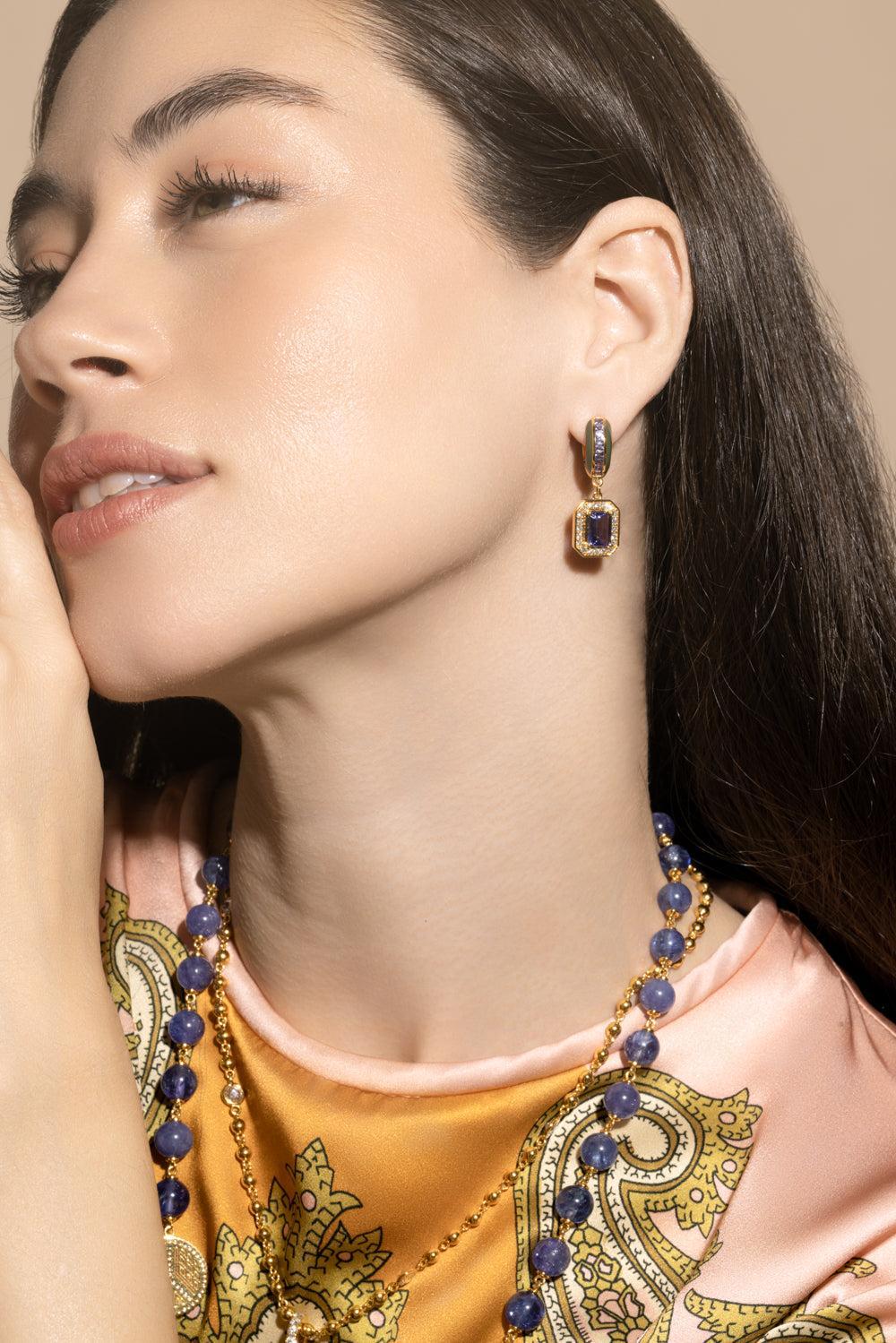 Tanzanite Square Drop Hoop Earrings-YELLOW GOLD-JEWELRYFINE JEWELEARRING-BUDDHA MAMA