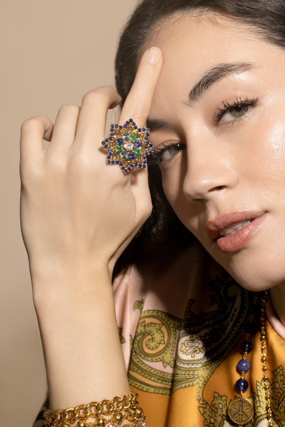 Blue Sapphire Mandala Stare Ring-YELLOW GOLD-7.5-JEWELRYFINE JEWELRING-BUDDHA MAMA