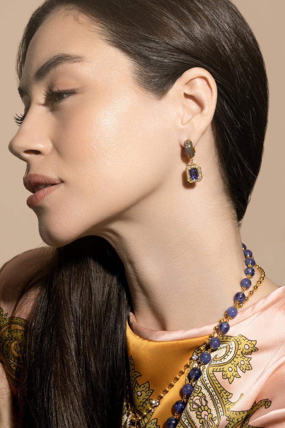 Tanzanite Square Drop Hoop Earrings-YELLOW GOLD-JEWELRYFINE JEWELEARRING-BUDDHA MAMA
