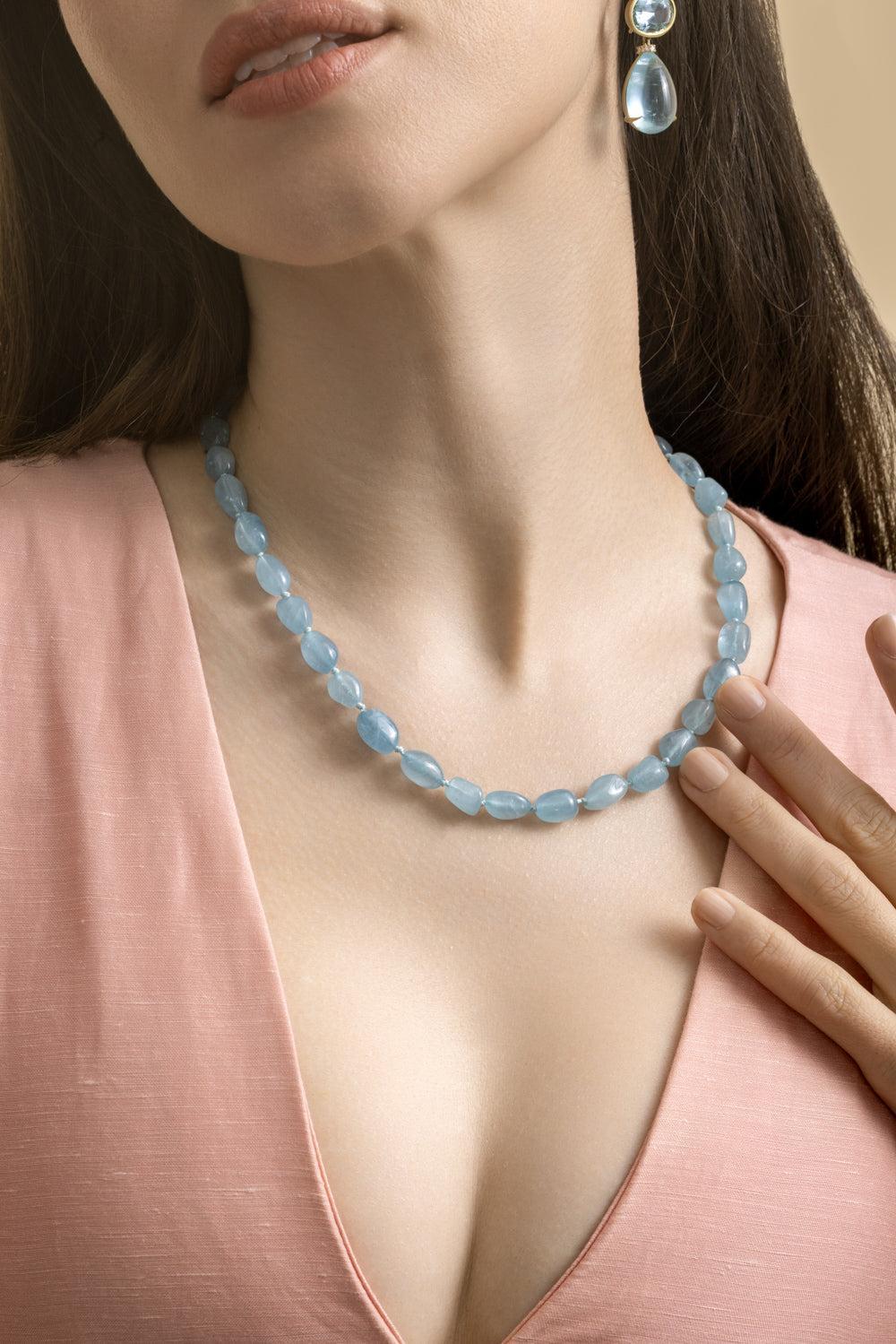 Aquamarine Pebble Beaded Necklace-YELLOW GOLD-18-JEWELRYFINE JEWELNECKLACE O-LEIGH MAXWELL