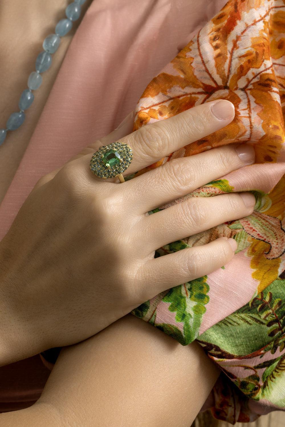 Green Tourmaline Faceted Shield Ring-YELLOW GOLD-7.5-JEWELRYFINE JEWELRING-LEIGH MAXWELL