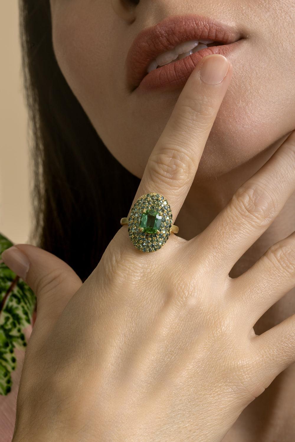 Green Tourmaline Faceted Shield Ring-YELLOW GOLD-7.5-JEWELRYFINE JEWELRING-LEIGH MAXWELL