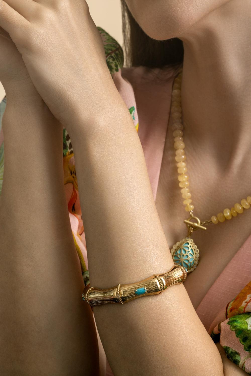 Turquoise Bambou Strass Bracelet-YELLOW-JEWELRYBOUTIQUEBRACELET O-GAS BIJOUX