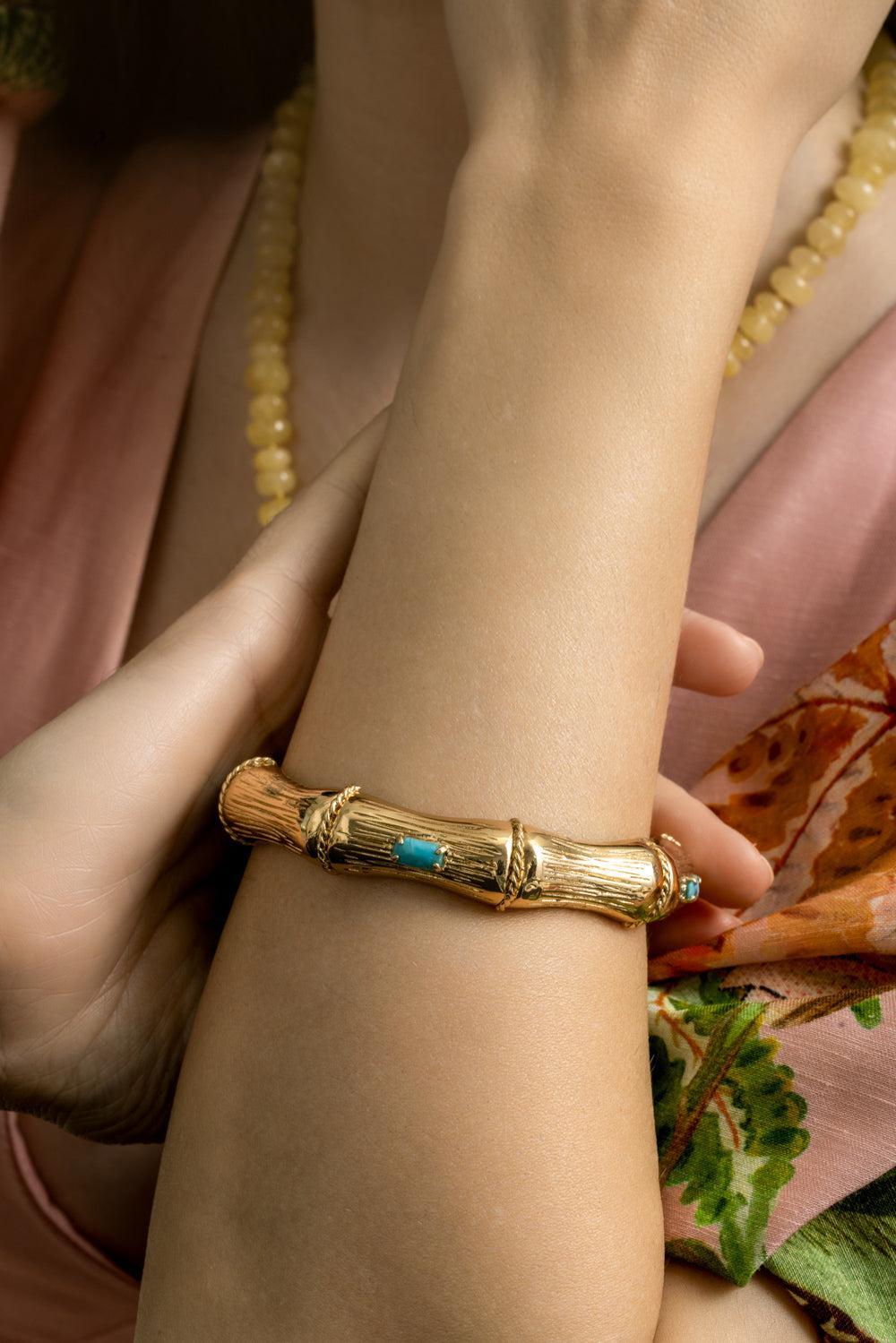 Turquoise Bambou Strass Bracelet-YELLOW-JEWELRYBOUTIQUEBRACELET O-GAS BIJOUX