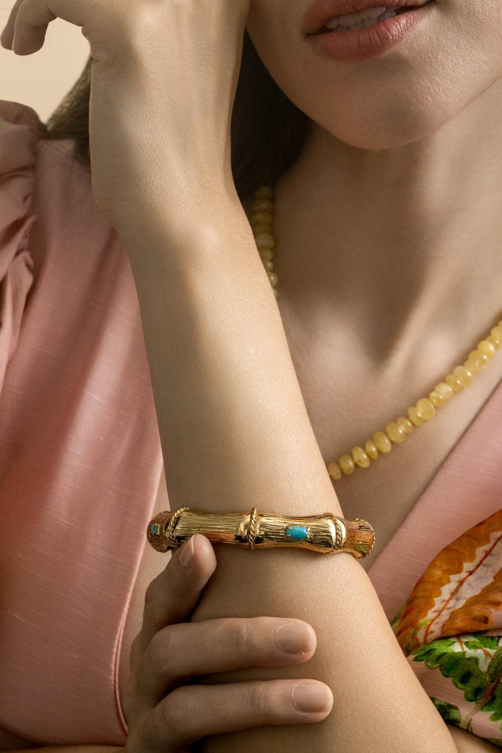 Turquoise Bambou Strass Bracelet-YELLOW-JEWELRYBOUTIQUEBRACELET O-GAS BIJOUX