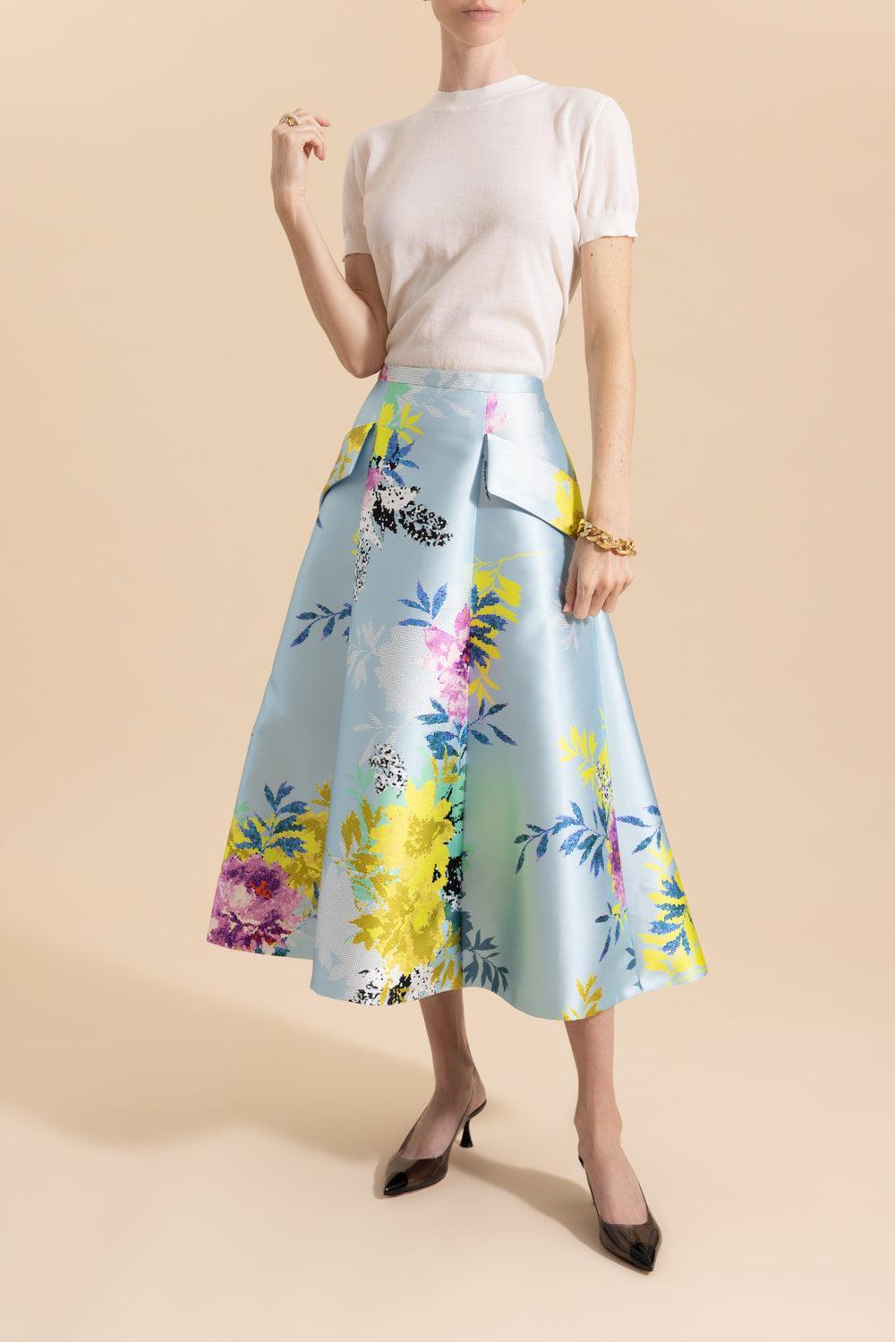 Floral Print Midi Skirt-BLUE MULTI-34-CLOTHINGSKIRTMIDI-MAISON COMMON