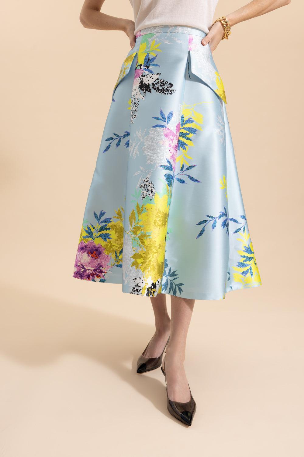 Floral Print Midi Skirt-BLUE MULTI-34-CLOTHINGSKIRTMIDI-MAISON COMMON