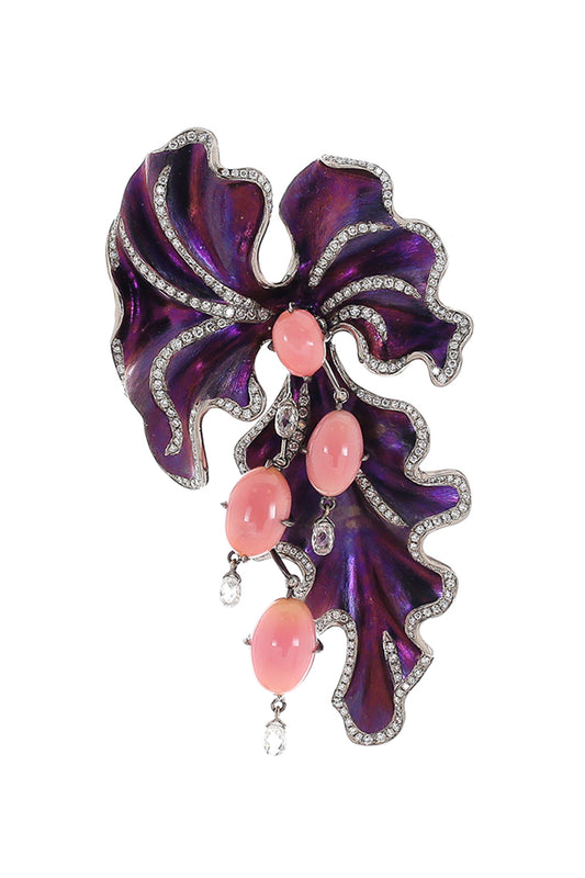 Conch Pearl Diamond Briolett Purple Floral Brooch