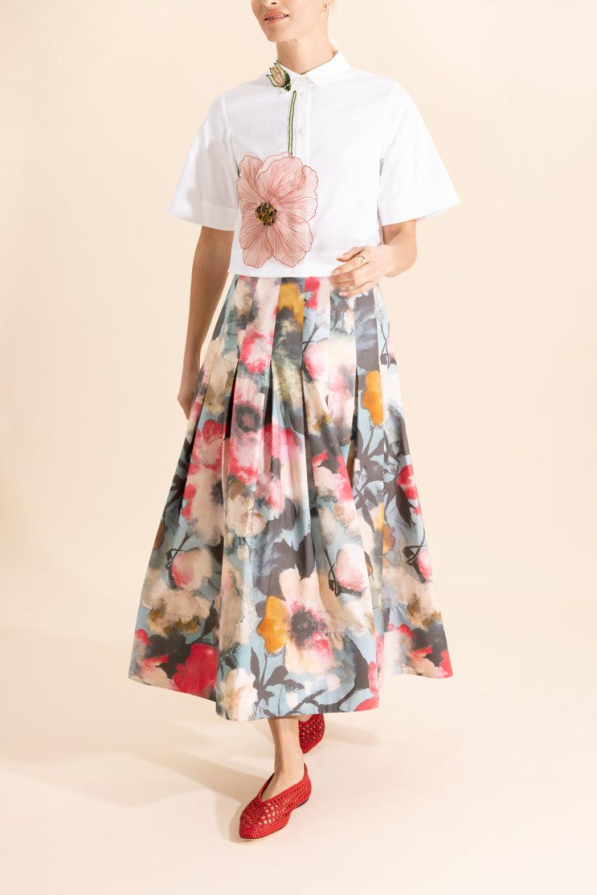 Peony Embroidered Crop Shirt-FLORAL-XS-CLOTHINGTOPBLOUSE-LELA ROSE