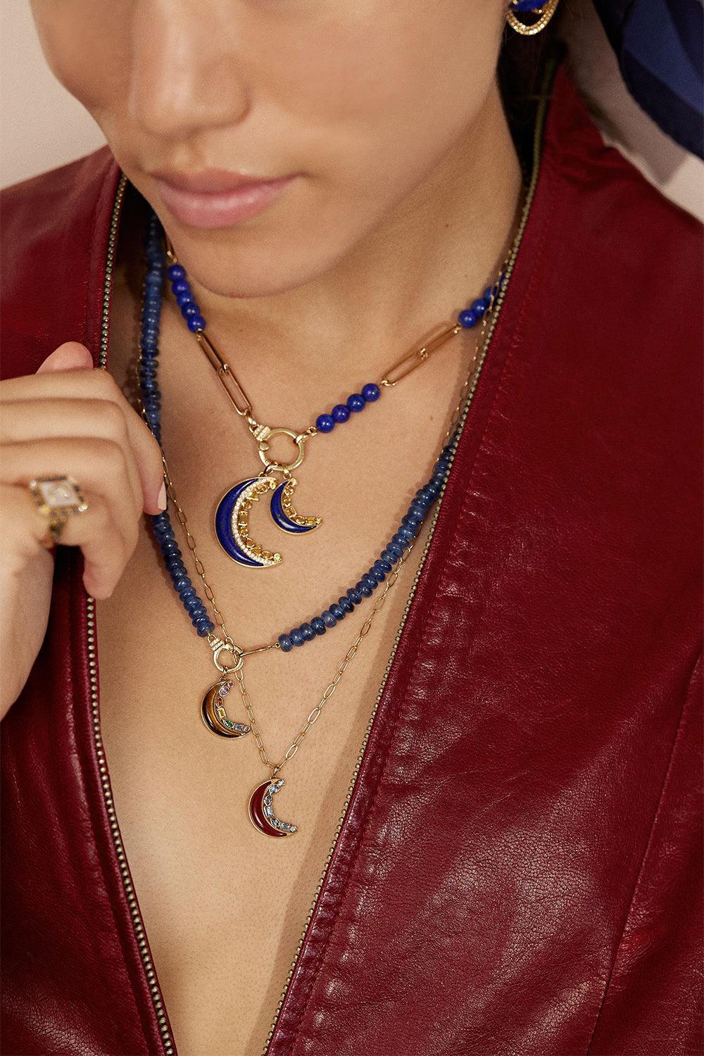 Lapis Yellow Sapphire Mini Crescent Moon Inlay Pendant-YELLOW GOLD-JEWELRYFINE JEWELPENDANT-SORELLINA