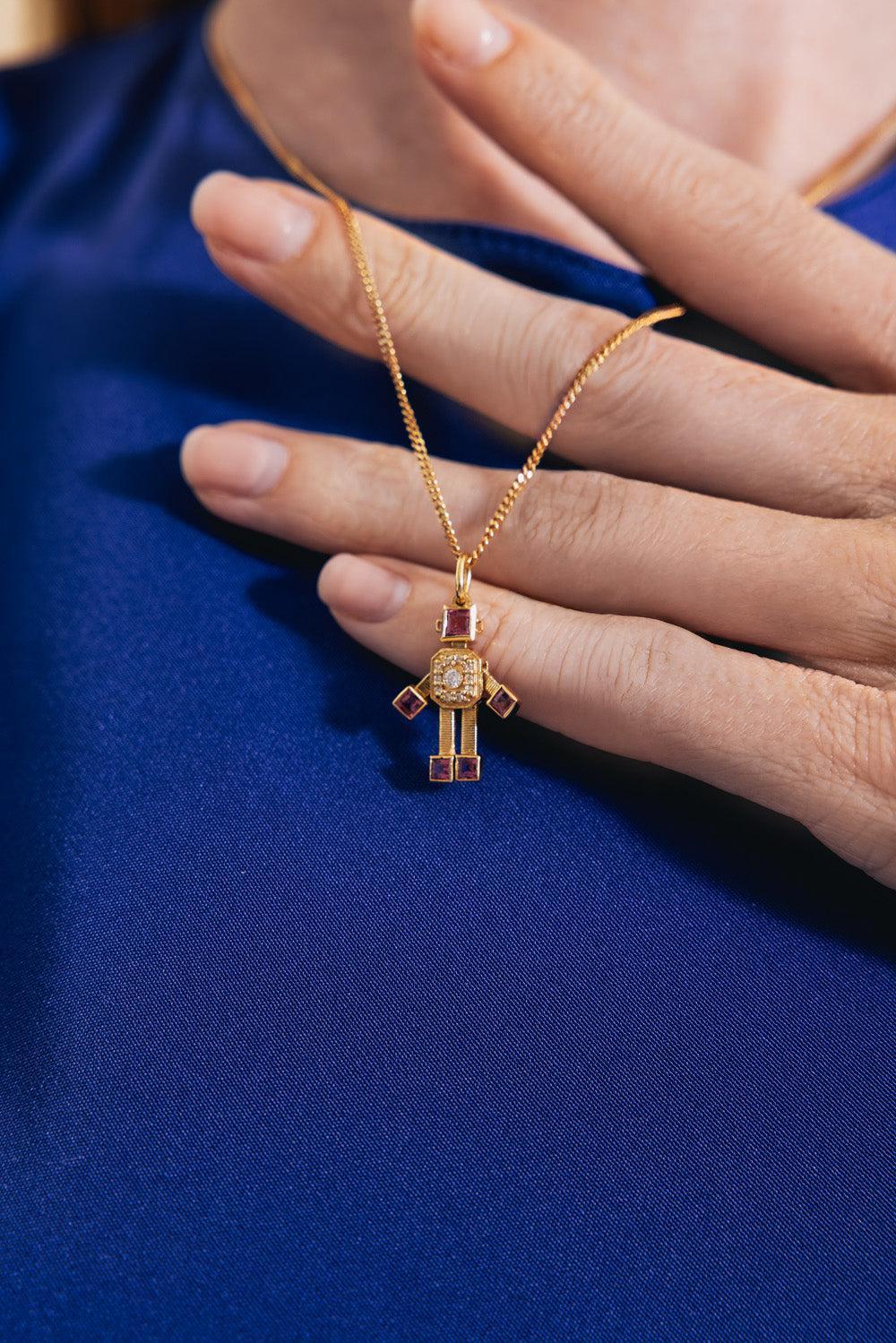 Pink Tourmaline Heart Robot Pendant-YELLOW GOLD-JEWELRYFINE JEWELPENDANT-VAN