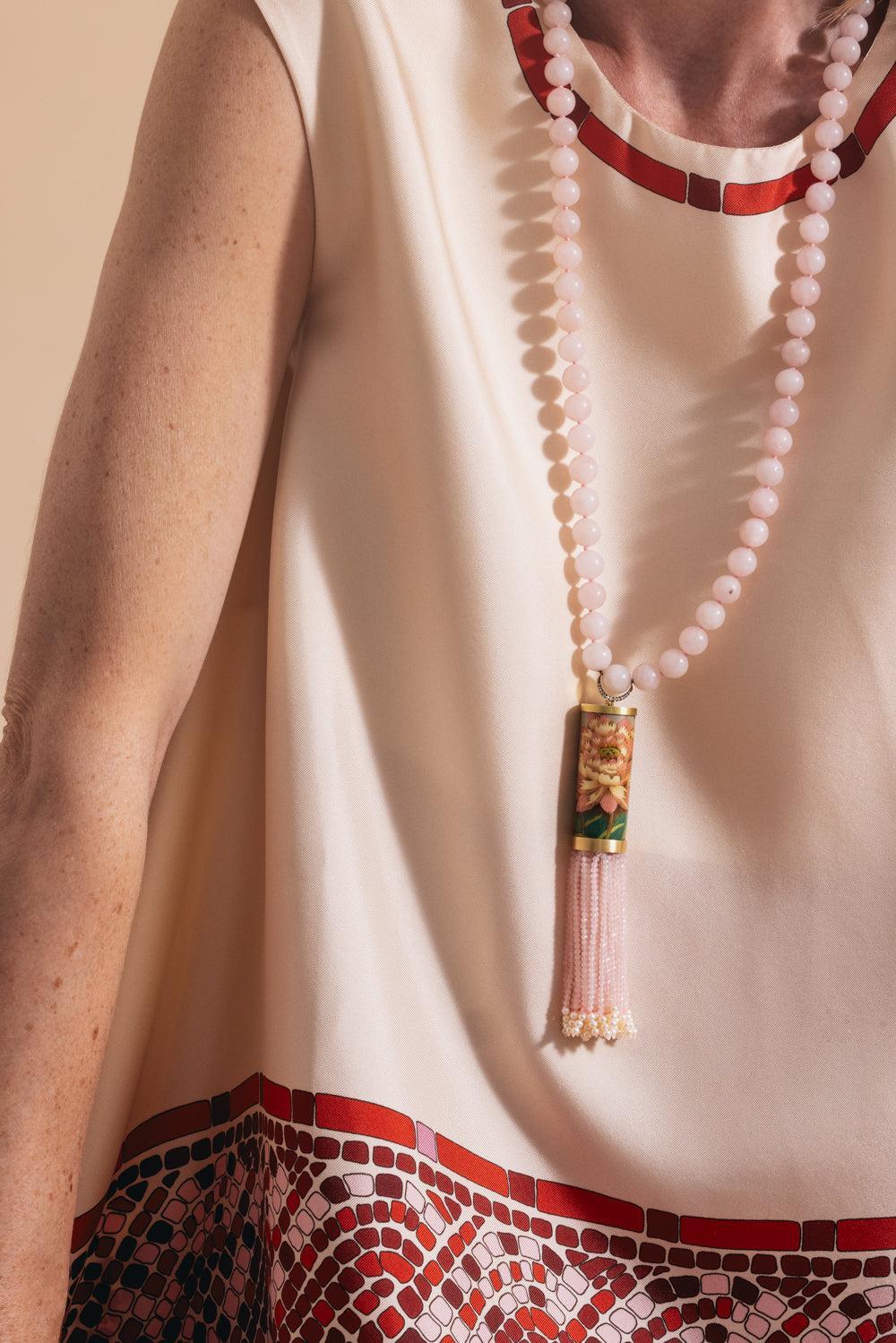 Rose Quartz Pearl Cylinder Necklace-YELLOW GOLD-JEWELRYFINE JEWELNECKLACE O-SILVIA FURMANOVICH