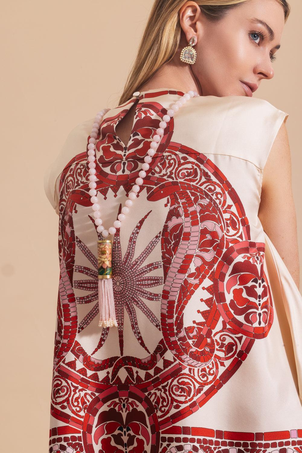 Rose Quartz Pearl Cylinder Necklace-YELLOW GOLD-JEWELRYFINE JEWELNECKLACE O-SILVIA FURMANOVICH