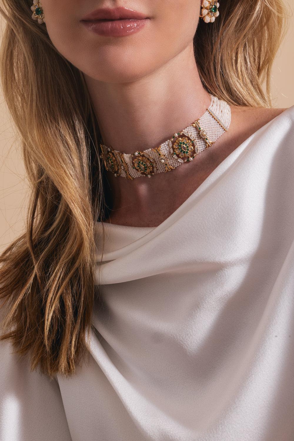 Pearl Emerald Taantvi Necklace-YELLOW GOLD-JEWELRYFINE JEWELNECKLACE O-MOKSH