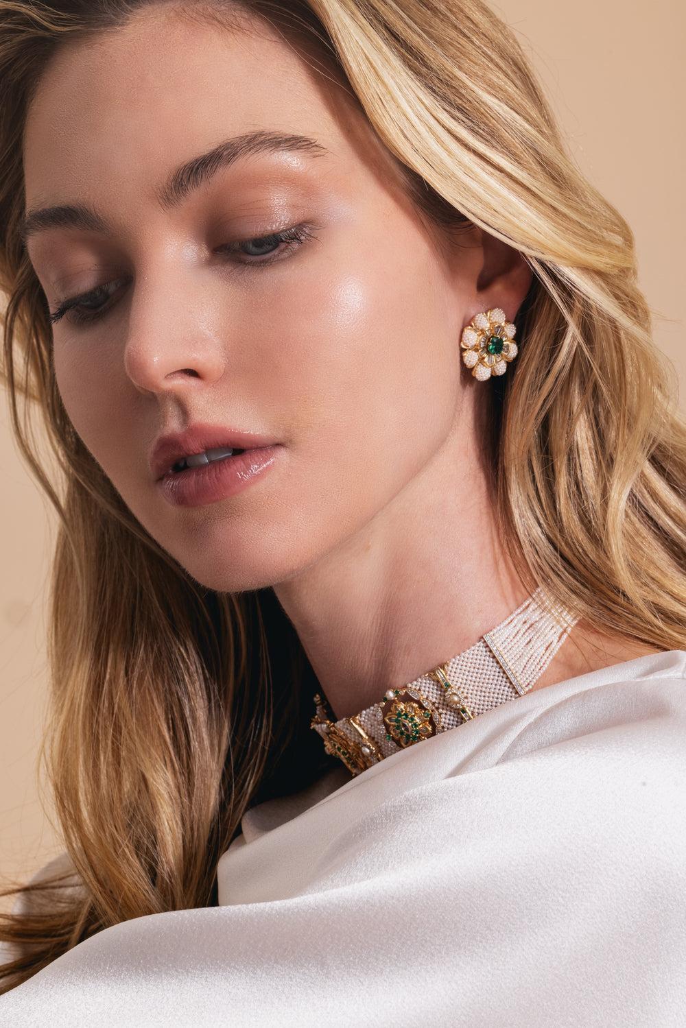 Keshi Pearl Emerald Taantvi Earrings-YELLOW GOLD-JEWELRYFINE JEWELEARRING-MOKSH