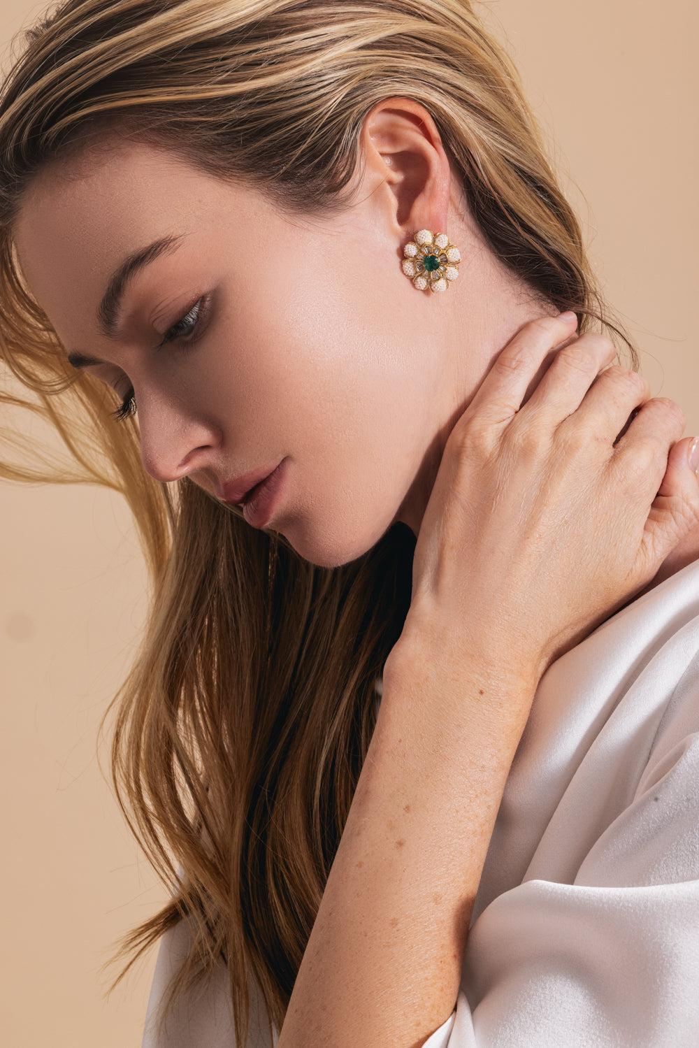 Keshi Pearl Emerald Taantvi Earrings-YELLOW GOLD-JEWELRYFINE JEWELEARRING-MOKSH