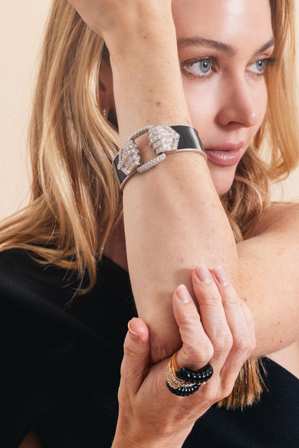 Diamond Black Cuff Bracelet-SILVER-JEWELRYFINE JEWELBRACELET O-ANDREOLI