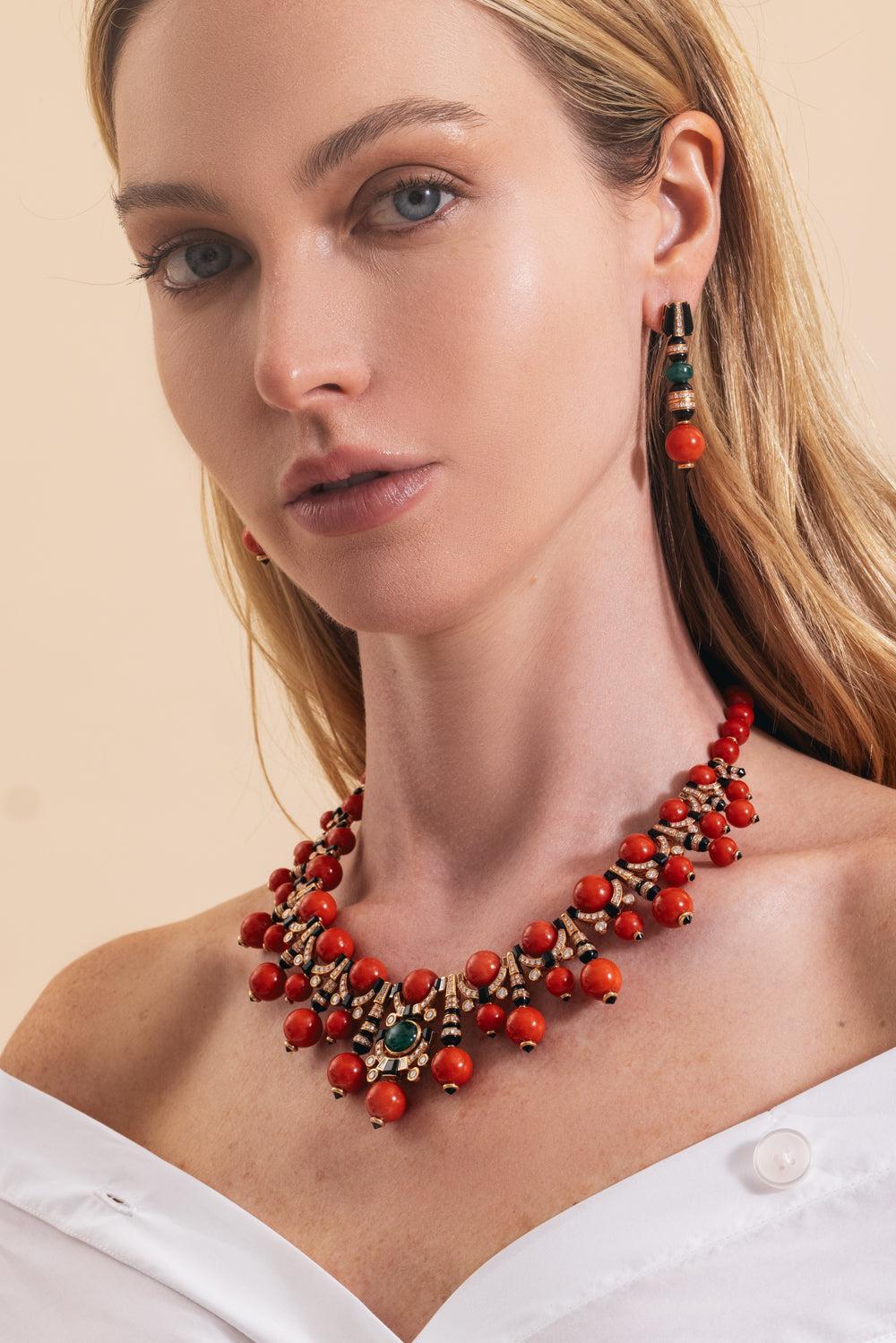 Diamond Emerald Coral Black Onyx Earrings-ROSE GOLD-JEWELRYFINE JEWELEARRING-ANDREOLI