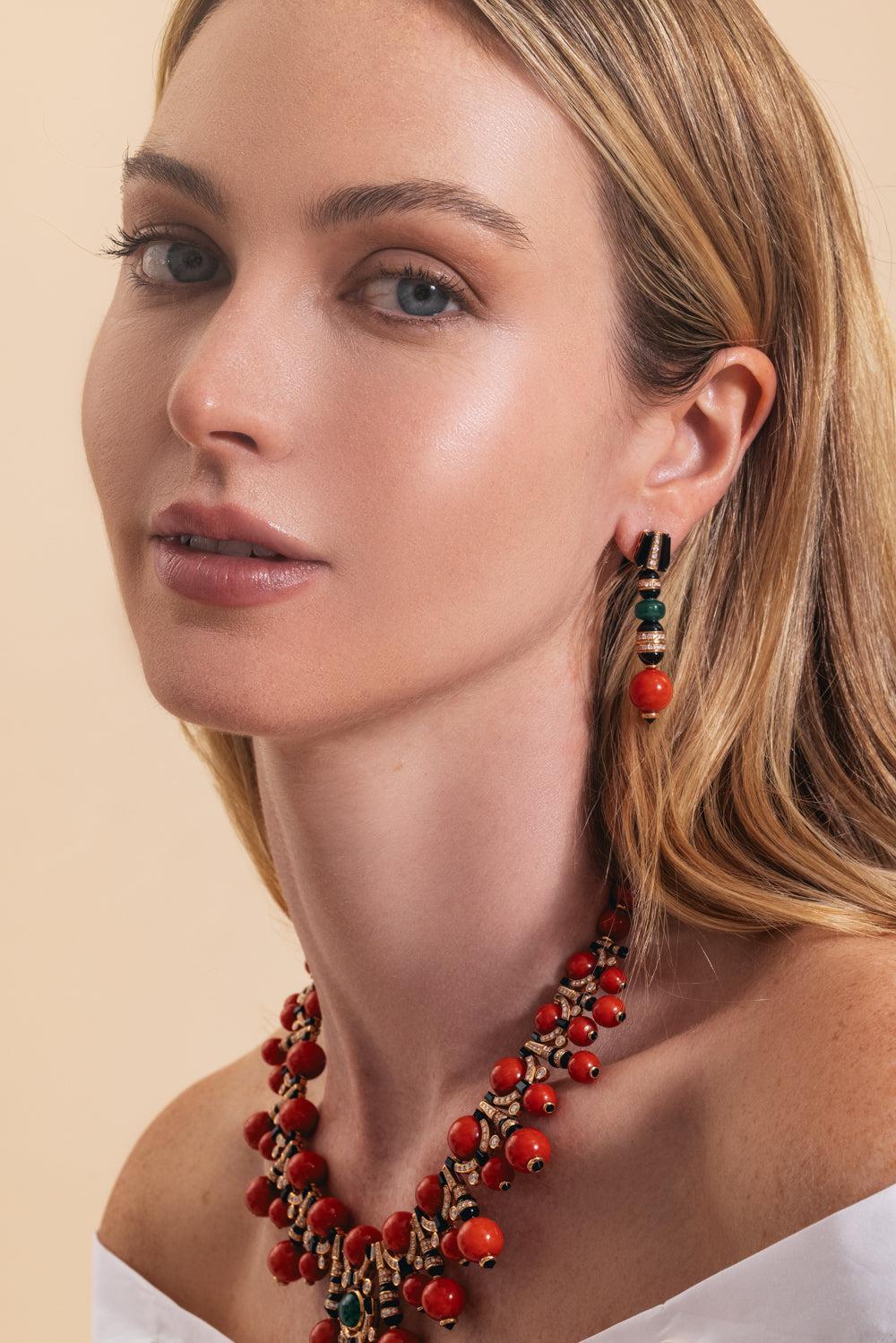 Diamond Emerald Coral Black Onyx Earrings-ROSE GOLD-JEWELRYFINE JEWELEARRING-ANDREOLI