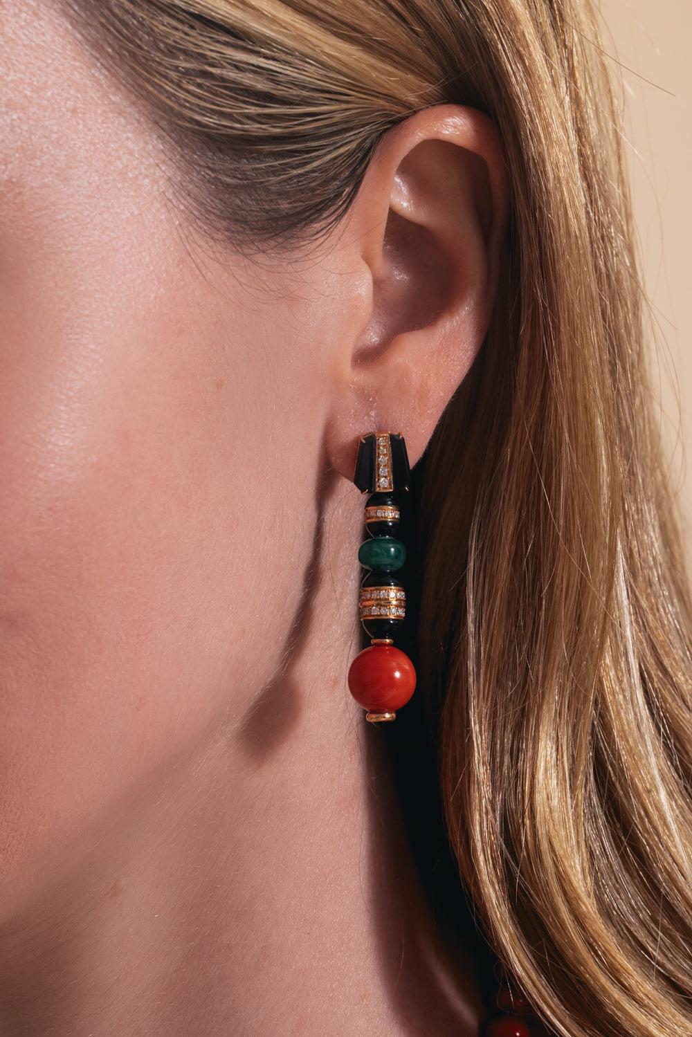 Diamond Emerald Coral Black Onyx Earrings-ROSE GOLD-JEWELRYFINE JEWELEARRING-ANDREOLI